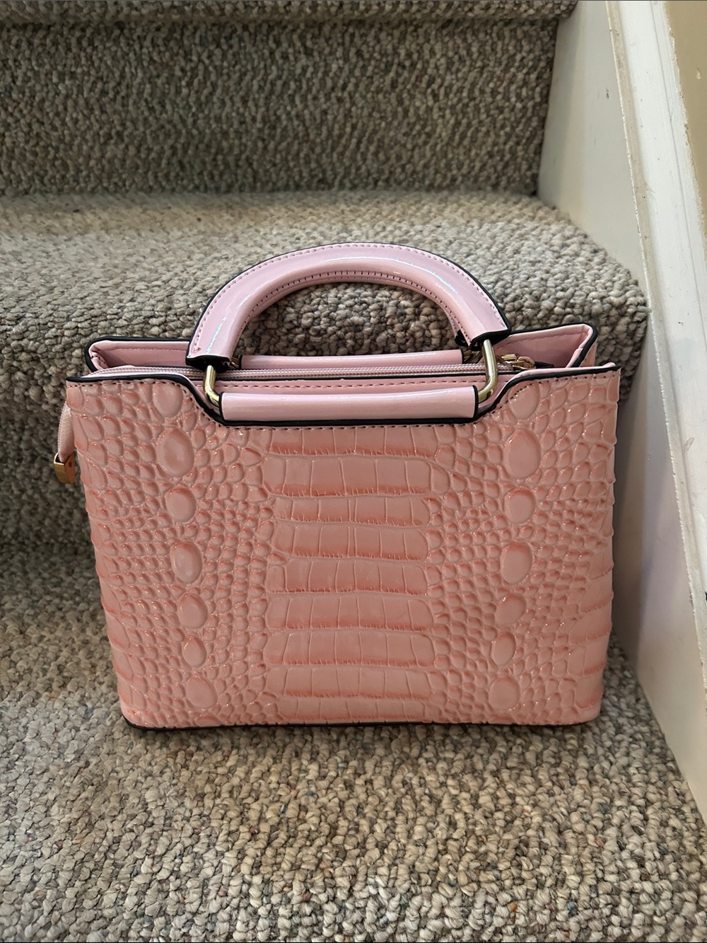 Pink Croc-Embossed Satchel Handbag